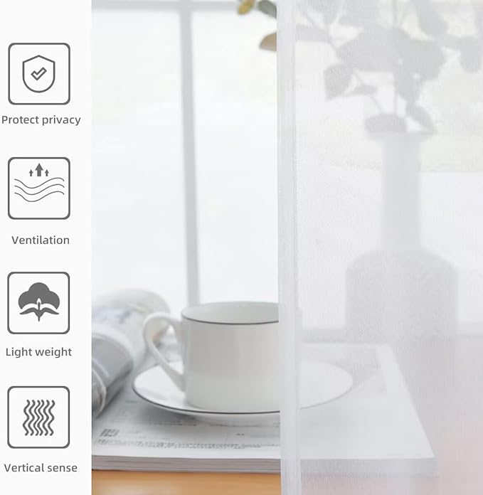 youleyar Solid Sheer Rod Pocket Curtain Voile Draperies 4 Panels White Beige Black Grey Coffee 52 Inch Width 72 Inch Long 1 Pair for Kitchen Bedroom Children Living Room Yard(White,52Wｘ72L)