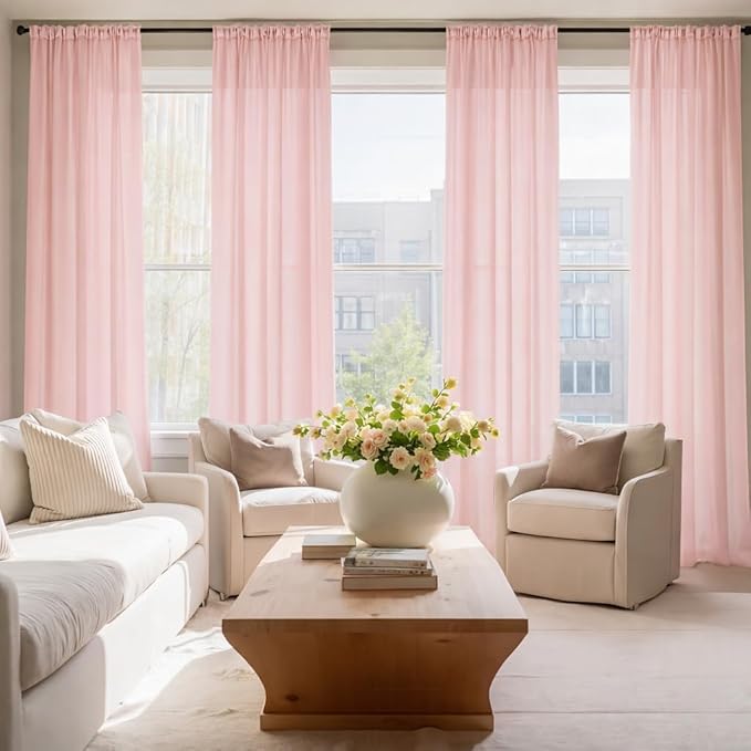 HOMEIDEAS Non-See-Through Blush Pink Privacy Sheer Curtains 52 X 84 Inches Long 2 Panels Sheer Curtains Light Filtering Window Curtains Drapes for Bedroom Living Room