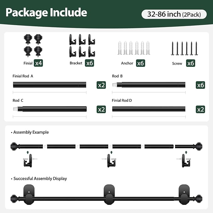 KAMANINA Curtain Rods 2 Pack No Drilling for Windows 32 to 86 Inches, 5/8 Inch Adjustable Renter Friendly Curain Rod with 3M Adhesive Brackets, Black
