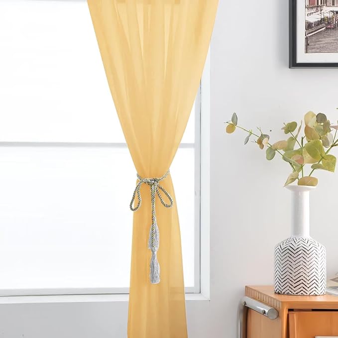 SpaceDresser Basic Rod Pocket Sheer Voile Window Curtain Panels Gold 1 Pair 2 Panels 52 Width 63 Inch Long for Kitchen Bedroom Children Living Room Yard（Gold, 52W x 63L）