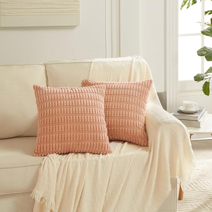 Fancy Homi 4 Packs Peach Decorative Throw Pillow Covers 22x22 Inch for Living Room Couch Bed, Rustic Modern Farmhouse Boho Home Decor, Soft Plush Corduroy Cute Square Accent Cushion Case 55x55 cm