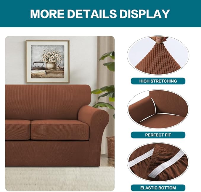 Turquoize 4 Piece Sofa Covers for 3 Cushion Couch Slipcover Soft Cover Dogs-Washable Furniture with Individual Covers,Feature Jacquard Fabric(3 Cushion Sofa, Caramel)