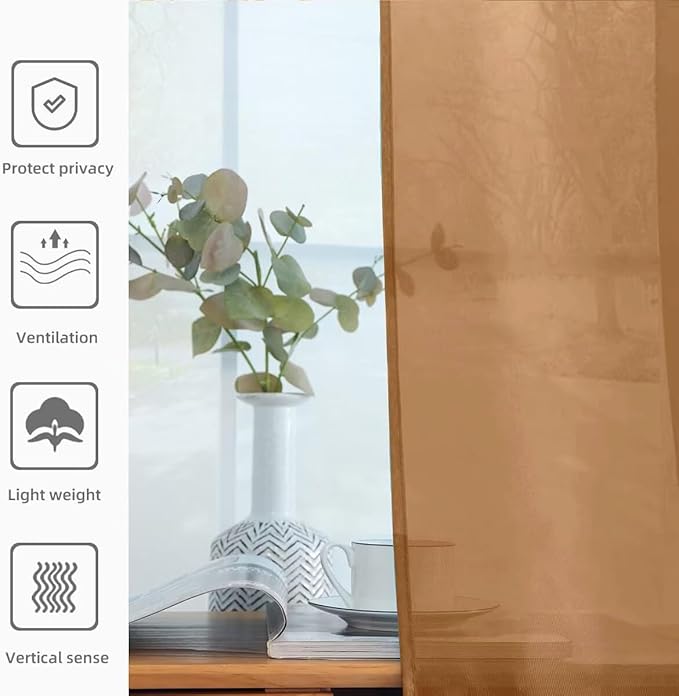 youleyar Solid Sheer Rod Pocket Curtain Voile Draperies 2 Panels White Beige Black Grey Ivory 52 Inch Width 54 Inch Long 1 Pair for Kitchen Bedroom Children Living Room Yard (Light Brown,52Wｘ54L)