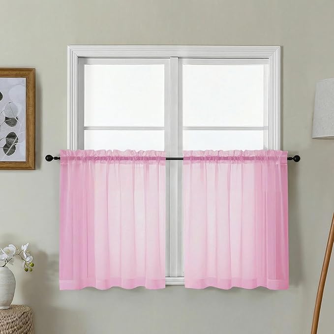 Gwine Short Kitchen Sheer Curtains 24 Inch Length - Light Filtering Voile Small Half Window Curtain for Basement, Rod Pocket Cafe Curtains for Bathroom Cabinet, 42Wx24L Inch, 2 Panels, Pink