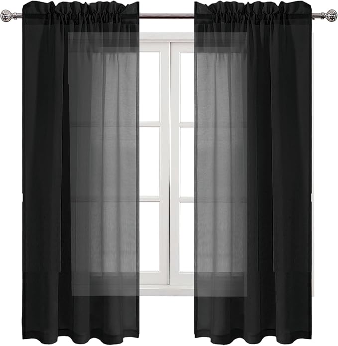 DWCN Black Sheer Curtains Semi Transparent Voile Rod Pocket Curtains for Bedroom and Living Room, 42 x 72 inches Long, Set of 2 Panels