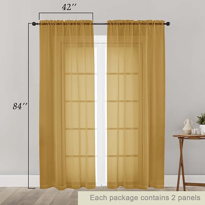 Gold Sheer Curtains 84 Inches Long 2 Panels, Soft Airy Light Filtering Curtains for Bedroom Living Room, Modern Rod Pocket Privacy Drapes Window Treatments, Gold, Total Wide 84 Inch