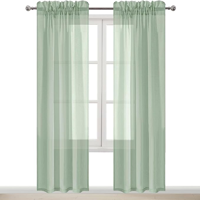 DWCN Bean Green Sheer Curtains Semi Transparent Voile Rod Pocket Curtains for Bedroom and Living Room, 42 x 84 inches Long, Set of 2 Panels