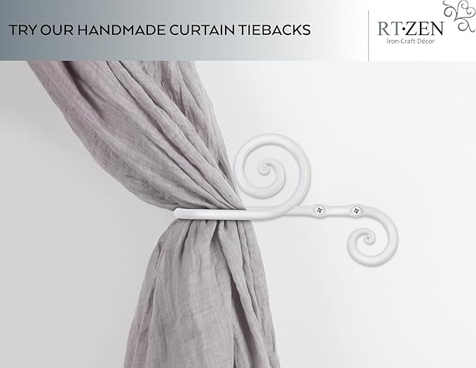 RTZEN Decorative Metal Curtain Tiebacks - Farmhouse Wrought Iron Curtain Holdbacks - Drapery Holders for Wall - Unique Metal Tie Backs for Curtains - 2 Pcs (White Swirly)