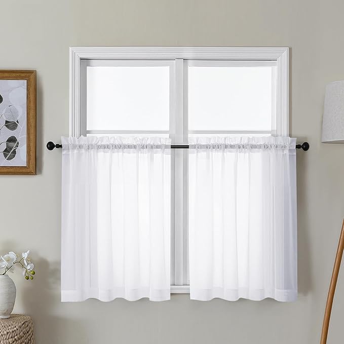 Gwine White Sheer Curtains 30 Inch Length, Short Light Filtering Voile Small Cafe Kitchen Curtains with Rod Pocket, Short Curtain for Bathroom Window, 42x30 Inch, 2PCS