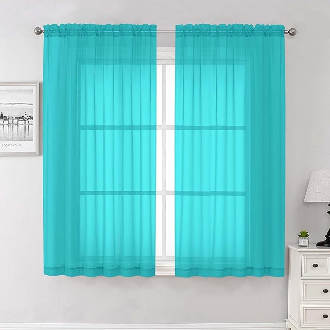 Lecloud Turquoise Sheer Curtains 63 Inch Length 2 Panels, Voile Light Filtering Living Room Curtains for Bedroom, Rod Pockets Solid Soft Drapes for Bathroom Home Office, Each Panel 59" W x 63" L