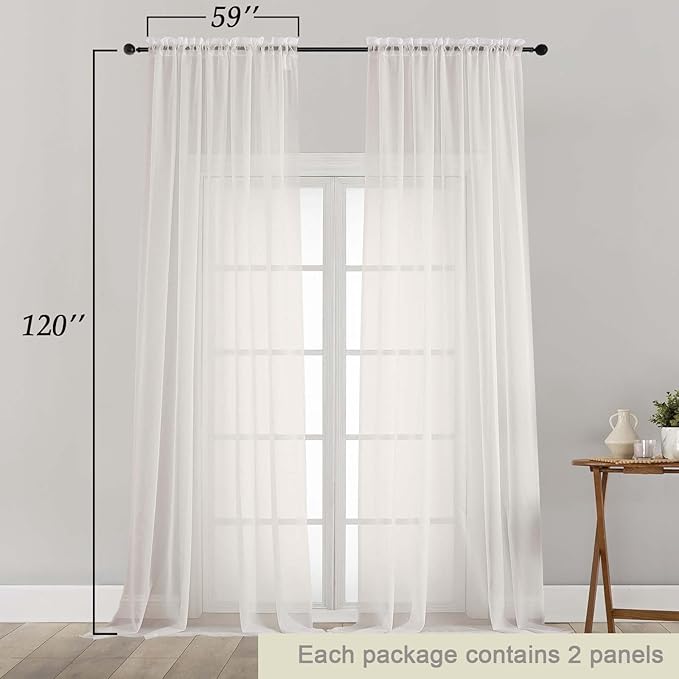 Extra Long Sheer Ivory Curtains for Bedroom Living Room 120 Inches Long 2 Panels Set, Solid Soft Light Filtering Rod Pocket Sheer Window Curtains, Ivory, Each 59" Wx120 L Inch