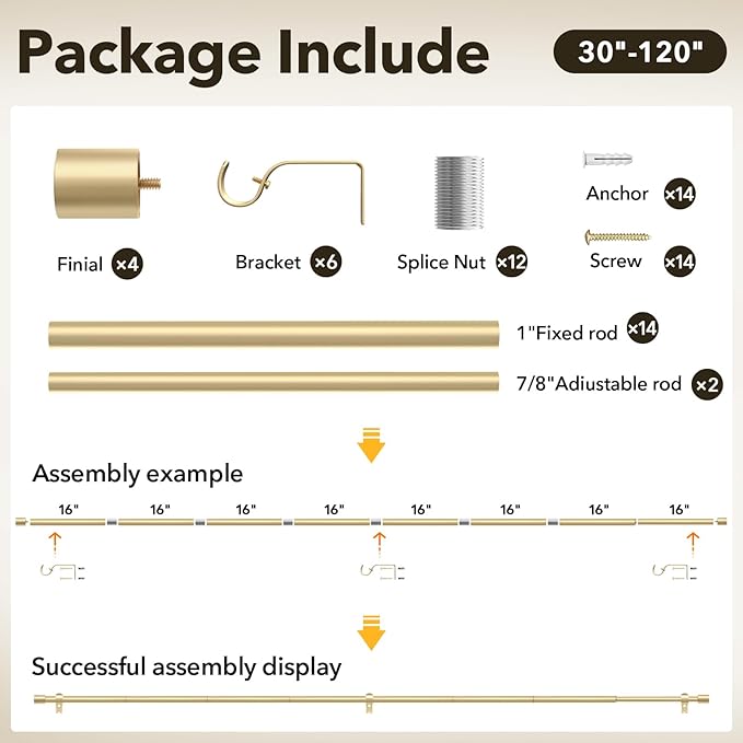 IFELS 2 Pack Heavy Duty Curtain Rods for Windows 66 to 120 Inch, 1 Inch Gold Curtain Rods Set of 2 Pack for Outdoor, Farmhouse, Bedroom, Adjustable Easy Install Curtain Rods (A2,Gold,30"-120"-2Pack)