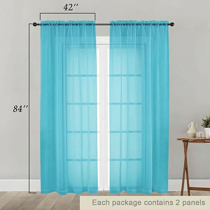 Sheer Curtains 84 Inches Long 2 Panels Set for Bedroom Living Room, Soft Airy Light Filtering Modern Solid Rod Pocket Drapes Window Treatments, Aqua, Each 42" W x 84" L