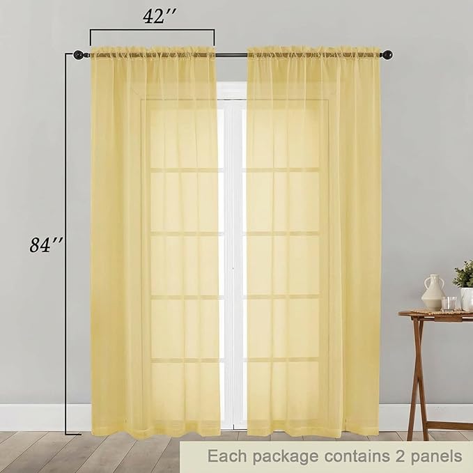 Sheer Curtains 84 Inches Long 2 Panels Set for Bedroom Living Room, Soft Airy Light Filtering Modern Solid Rod Pocket Drapes Window Treatments, Yellow, Each 42" W x 84" L