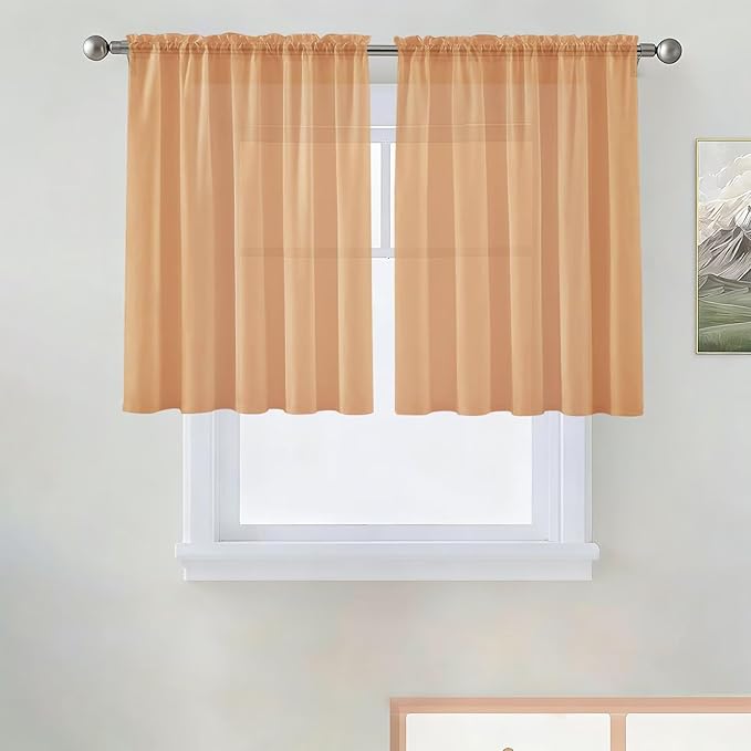 SpaceDresser Basic Rod Pocket Sheer Voile Window Curtain Panels Beige 1 Pair 2 Panels 52 Width 36 Inch Long for Kitchen Bedroom Children Living Room Yard（Beige, 52W x 36L）