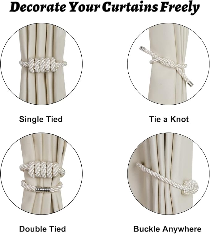 BEL AVENIR Magnetic Curtain Tiebacks, Decorative Drapery Holdbacks Modern Woven Tie-Backs with Exquisite Knot (Beige, 2 Pack)