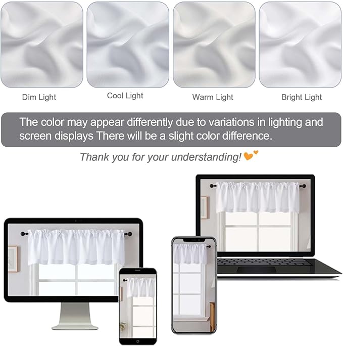 Chyhomenyc White Valances for Window, Light Filtering Short Curtains for Kitchen Bedroom Living Room, Rod Pocket Top Small Window Treatment Valance RV Bunk Panels, 40" Wx18 L, 2 Pieces