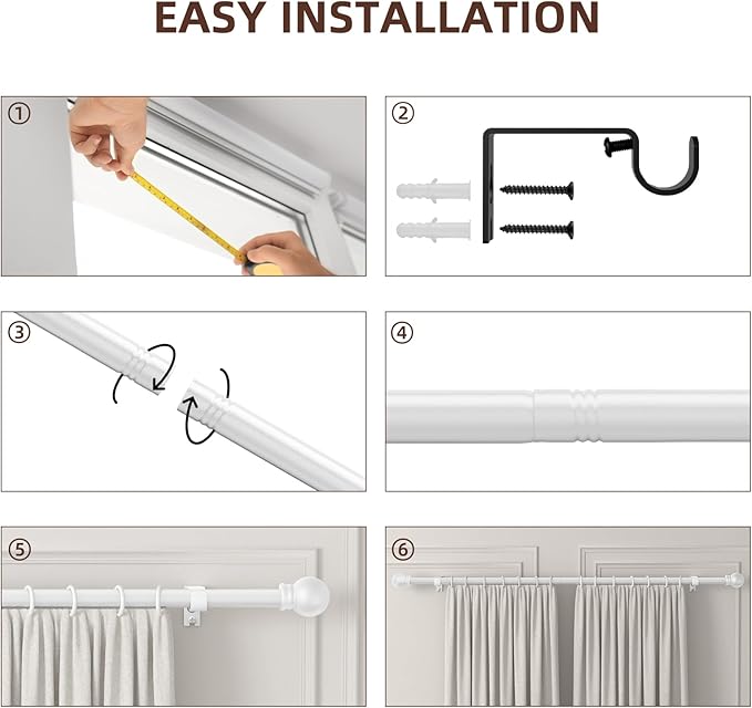 SMODBRODRE Curtain Rods for Window 48 to 84-93, White 5/8 inch Splicing Single Window Curtain Rod Set with Brackets