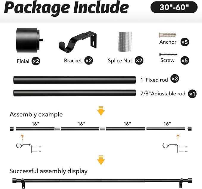 GEEBOBO Black Curtain Rods for Windows 28 to 48 Inch, 1 Inch Adjustable Heavy Duty Easy Install Curtain Rods Set for Outdoor, Patio, Farmhouse, Bedroom, Living Room (Black, 30"-60")