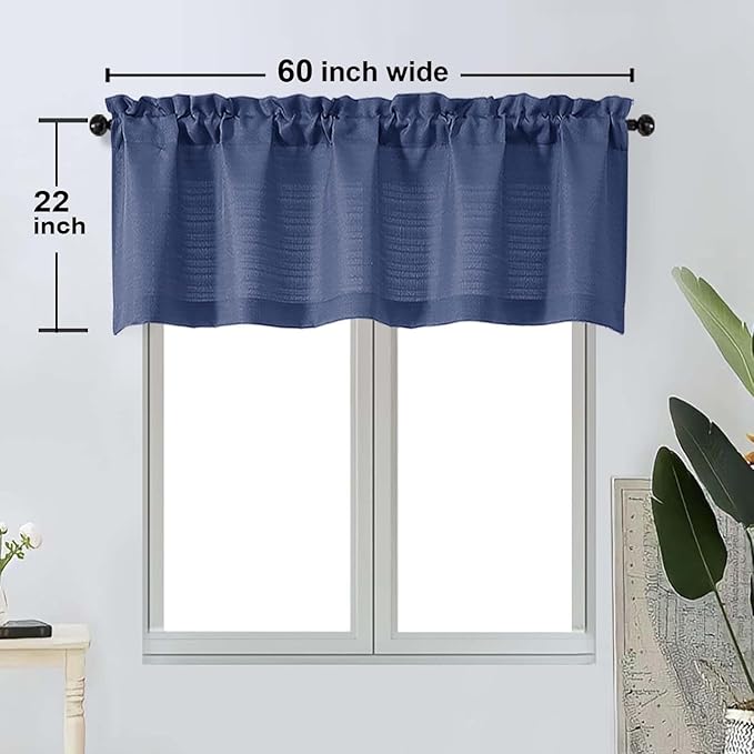 OWENIE Bob 1 PCS Blue Valances for Windows, Faux Linen Textured Kitchen Window Curtains Valance for Bedroom Living Room, Modern Soft Airy Solid Rod Pocket Bathroom Cafe Curtain, 60Wx22L Inch