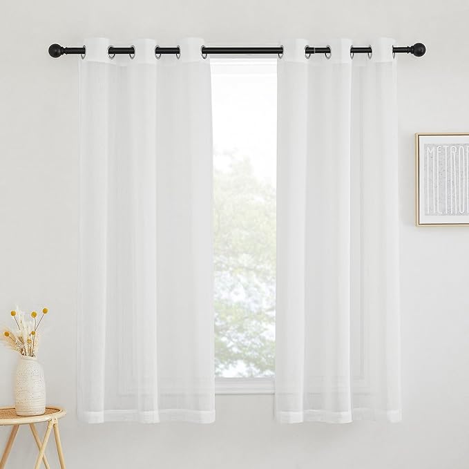 NICETOWN White Sheer Curtains 63 inch Length, Grommet Linen Blend Textured Semi Sheer Privacy Window Treatments Light Filtering for Bedroom, 42" W x 63" L, Set of 2