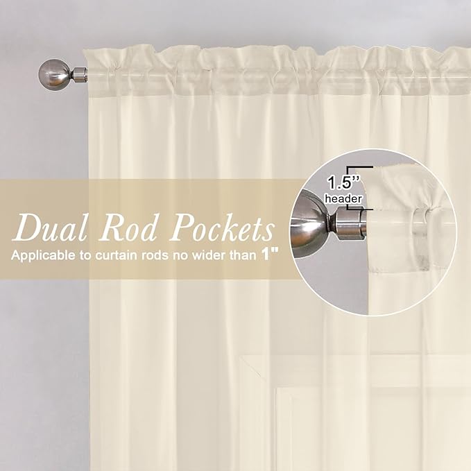 Lecloud Cream Sheer Curtains 68 Inch Length 2 Pcs, Light Filtering Bedroom Curtains for Living Room, Farmhouse Window Voile Soft Rod Pockets Drapes for Bathroom Home Office, Each Panel 42" W x 68" L