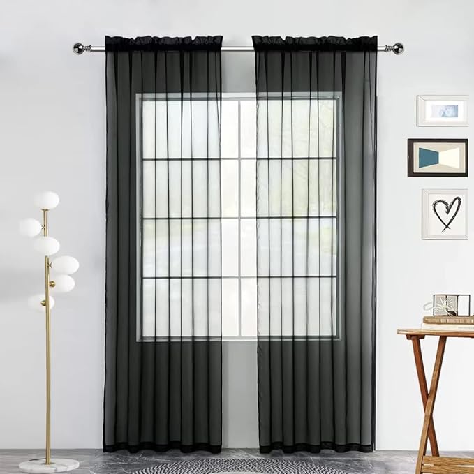 SpaceDresser Sheer Voile Window Treatment Rod Pocket Curtain Panels for Kitchen Bedroom Living Room Drapes Sunlight Filtering Privacy Semi Home Decor Assorted (Black, 52 W x 72 L)