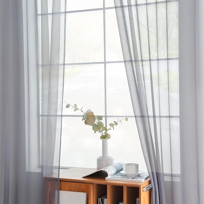 youleyar Solid Sheer Rod Pocket Curtain Voile Draperies 2 Panels White Beige Black Ivory Grey 26 Inch Width 30 Inch Long 1 Pair for Kitchen Bedroom Children Living Room Yard(Grey,26W x 30L)