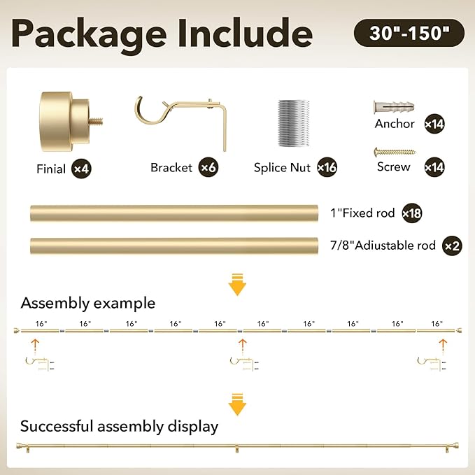 IFELS 2 Pack Heavy Duty Curtain Rods for Windows 72 to 144 Inch, 1 Inch Gold Adjustable Curtain Rod Set with Easy Installation and Modern Design (A1,Gold,30-150",2Pack)