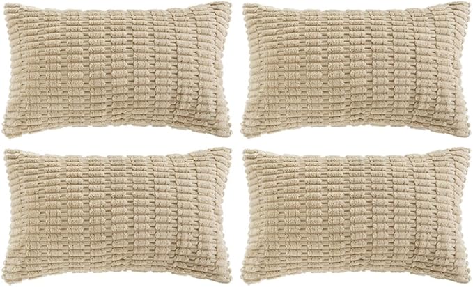 Fancy Homi 4 Packs Tan Decorative Throw Pillow Covers 14x24 Inch for Living Room Couch Bed Sofa, Beige Rustic Farmhouse Boho Home Decor, Soft Plush Striped Corduroy Square Cushion Case 35x60 cm