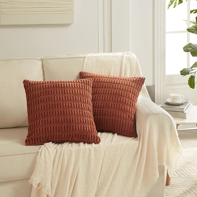 Fancy Homi 4 Packs Rust Decorative Throw Pillow Covers 18x18 Inch for Living Room Couch Bed Sofa, Terracotta Rustic Farmhouse Boho Home Decor, Soft Plush Striped Corduroy Square Cushion Case 45x45 cm