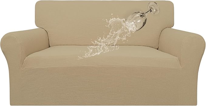 Easy-Going 100% Waterproof Loveseat Couch Cover, Dual Waterproof Sofa Cover, Stretch Jacquard Sofa Slipcover, Leakproof Furniture Protector for Kids, Pets, Dog and Cat (Loveseat, Sand)