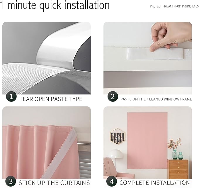 Self Adhesive Blackout Curtains- Stick on Curtains Shades Window Blinds Curtains No Rod Needed Easy to Hang Curtain, Use for Bedroom, Living Room,Roman Shades, 59" W X 84" L, Pink, 1 Panel