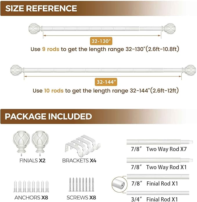 KAMANINA White Curtain Rods for Windows 72 to 144 Inches (6-12ft) Long Heavy Duty Curtain Rod, 7/8 Inch Adjustable Drapery Rods with Decorative Netted Texture Finials