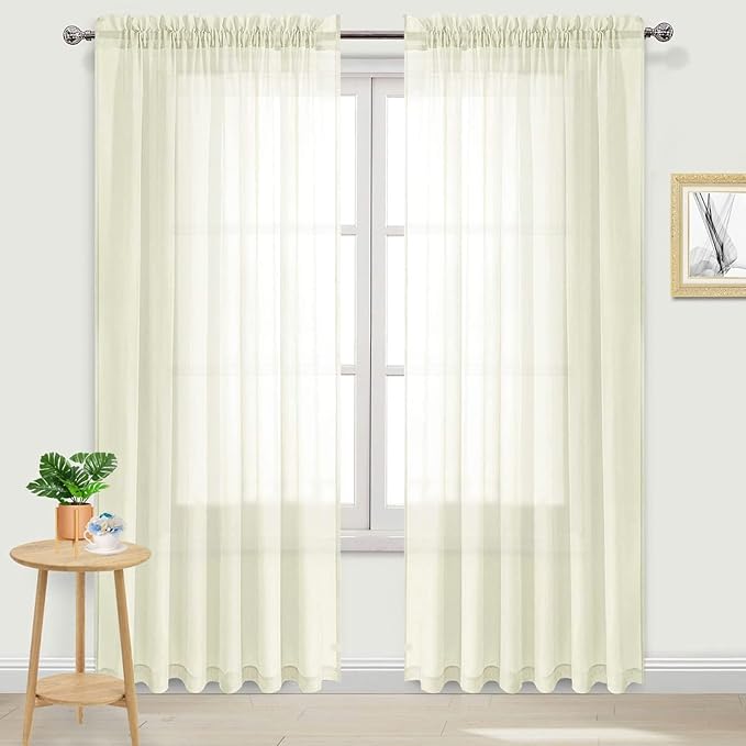 DWCN Ivory Sheer Curtains Semi Transparent Voile Rod Pocket Curtains for Bedroom and Living Room, 70 x 96 inches Long, Set of 2 Panels