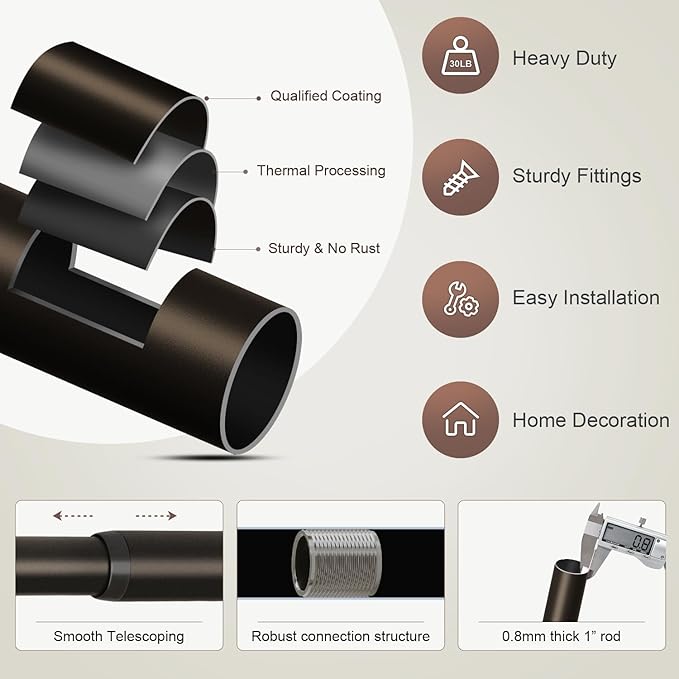 Lootkell Modern Brown Curtain Rods for Windows 28 to 48 Inches Adjustable Length Heavy Duty 1" Diameter Window Curtain Rod with Decorative Finials for Outdoor Bedroom Kitchen Living Room