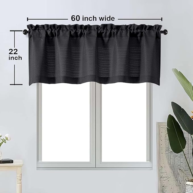 OWENIE Bob 1 PCS Black Valances for Windows, Faux Linen Textured Kitchen Window Curtains Valance for Bedroom Living Room, Modern Soft Airy Solid Rod Pocket Bathroom Cafe Curtain, 60Wx22L Inch