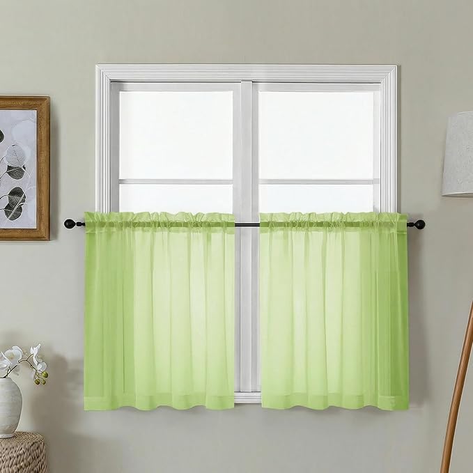 Gwine Short Kitchen Sheer Curtains 24 Inch Length - Light Filtering Voile Small Half Window Curtain for Basement, Rod Pocket Cafe Curtains for Bathroom Cabinet, 42Wx24L Inch, 2 Panels, Lime