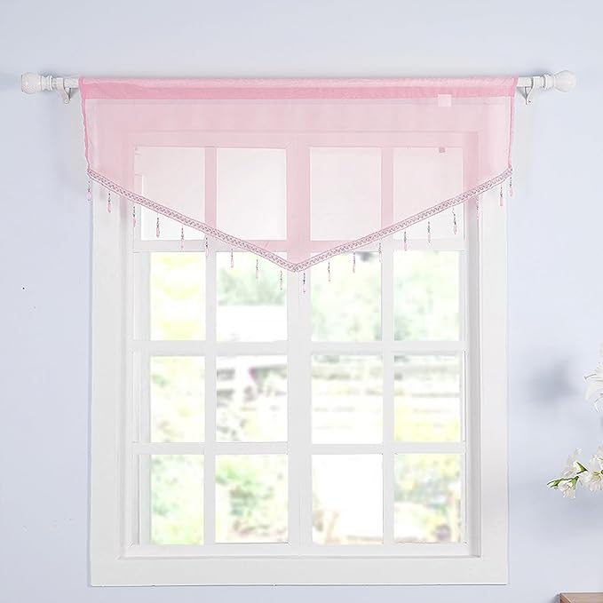 Molaxhome Swag Curtain 51 inch Length Rod Pocket Scalloped Curtain Valance Sheer Lace Panels with Hanging Crystal Beads for Kitchen Bedroom Window Treatments Drape Decor 1pc (Pink, 51Wx23L)