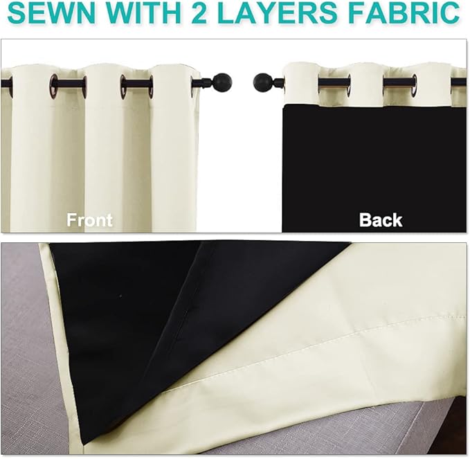 NICETOWN Cold Reducing Curtains, Bedroom Full Blackout Panels, Super Thick Insulated Window Covers, Complete Blackout Draperies with Black Liner for Short Window (Beige, Set of 2, 42 by 45-inch)