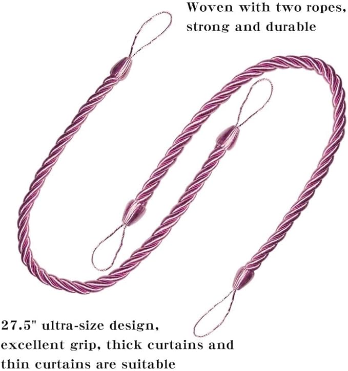 BEL AVENIR Curtain Rope Tiebacks, Drapery Rope Holdbacks with 4 Metal Screw Hooks (Pink, 4pack)