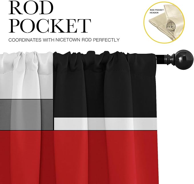 Emvency 4 Pack Valances Window Treatments, Red and Black Geometry Abstract Modern Art Blackout White Adjustable for Living Room Bathroom Kitchen Over Sink, 52x18 Inch Rod Pocket Valances