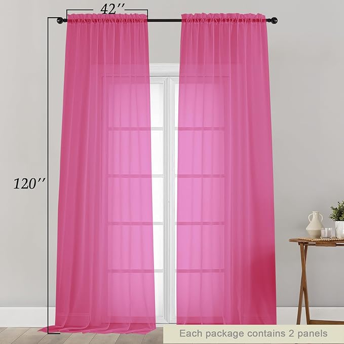Extra Long Sheer Hot Pink Curtains for Bedroom Living Room 120 Inches Long 2 Panels Set, Solid Soft Light Filtering Rod Pocket Sheer Window Curtains, Hot Pink, Each 42" Wx120 L Inch