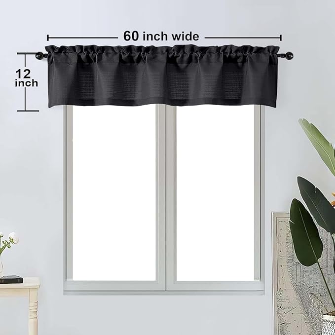 OWENIE Bob 1 PCS Black Valances for Windows, Faux Linen Textured Kitchen Window Curtains Valance for Bedroom Living Room, Modern Soft Airy Solid Rod Pocket Bathroom Cafe Curtain, 60Wx12L Inch
