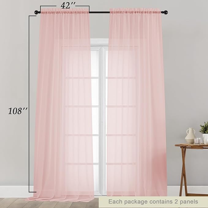 Extra Long Sheer Blush Curtains for Bedroom Living Room 108 Inches Long 2 Panels Set, Solid Soft Light Filtering Rod Pocket Sheer Window Curtains, Blush, Each 42" Wx108 L Inch
