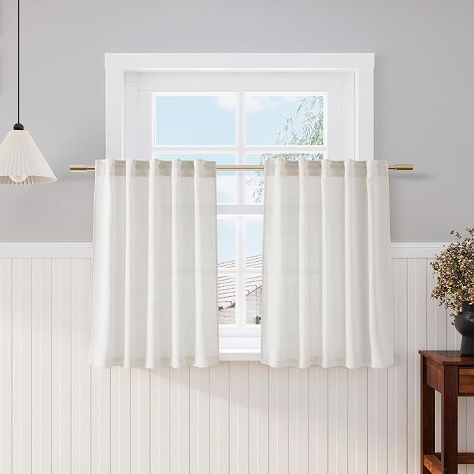 Nanspring Linen Curtains 40 Inch Length for Short Window - Small Semi Sheer Curtains for Cafe Kitchen Bedroom Rustic Farmhouse Decor Light Filtering Cream Curtain, 2 Panels