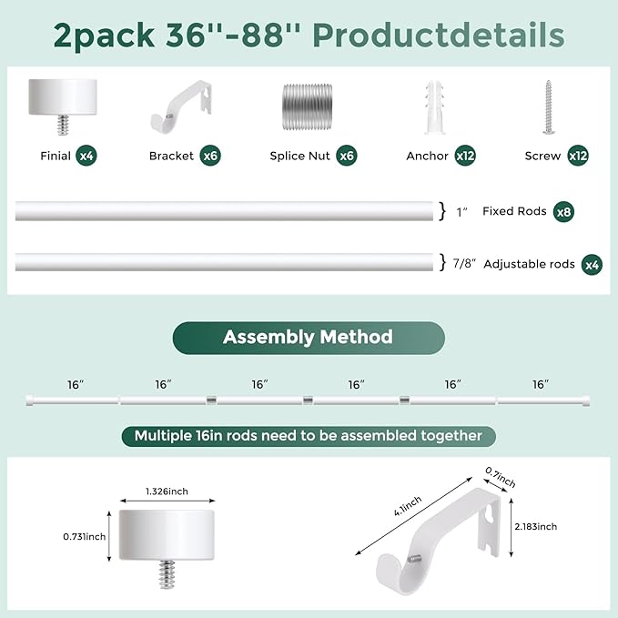 VOIIY 2 Pack Curtain Rods for Windows 48 to 84 Inch(4-7 Feet),White 1'' Diameter Drapery Rods with End Cap Style Design,Modern Adjustable Heavy Duty Curtain Rod,Size:36''-88''