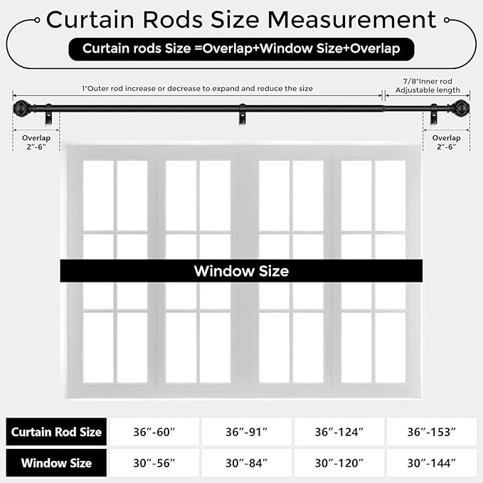 Black Curtain Rod, Heavy Duty 1 Inch Decorative Curtain Rods for Windows 48 to 84 Inch, Single-Side Adjustable Vintage Rustic Matte Black Drapery Pole Set with Boho Netted Texture Finials