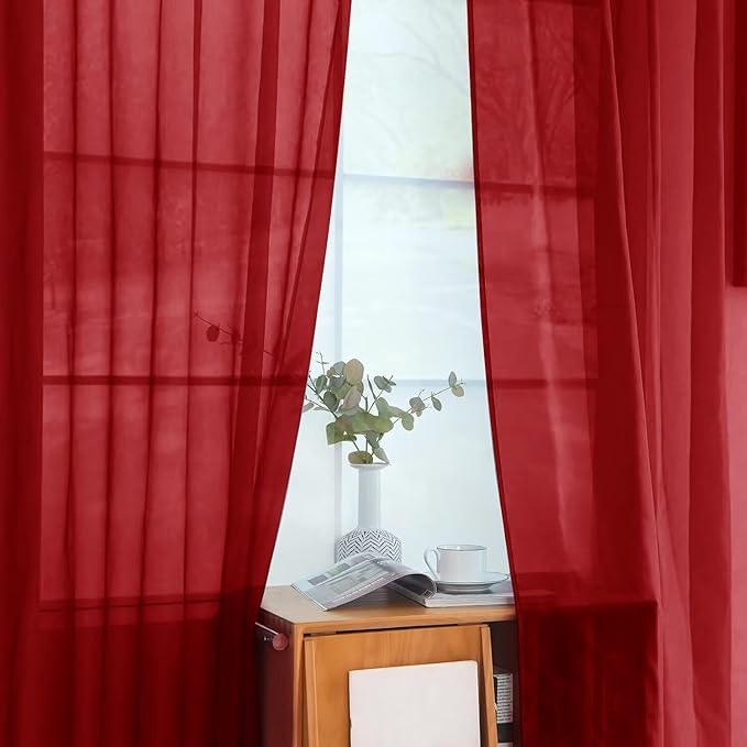 youleyar Solid Sheer Rod Pocket Curtain Voile Draperies 2 Panels White Beige Black Grey Ivory 52 Inch Width 96 Inch Long 1 Pair for Kitchen Bedroom Children Living Room Yard (Christmas Red,52Wｘ96L)
