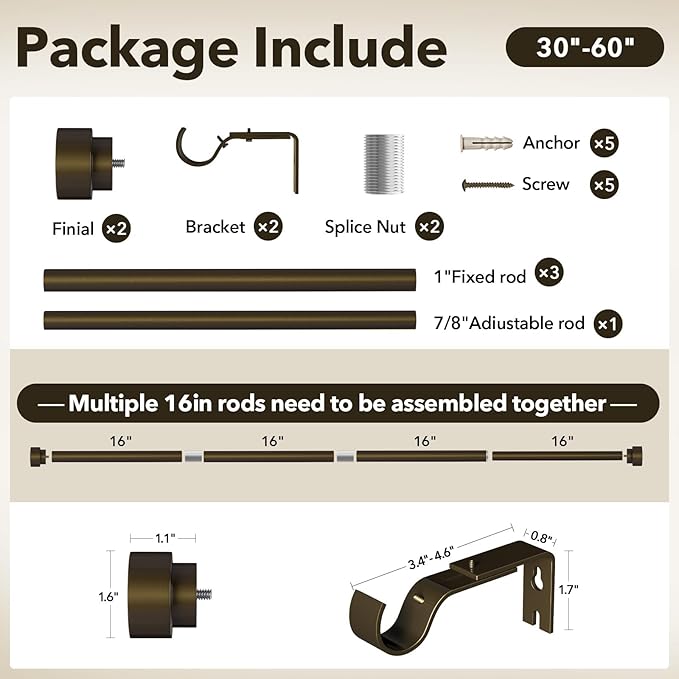 IFELS Heavy Duty Curtain Rods for Windows 28 to 48 Inch, 1 Inch Bronze Window Curtain Rod for Bedroom, Living Room, Outdoor, Adjustable Easy Install Curtains Rods, Modern Elegant(A1,Bronze,30"-60")
